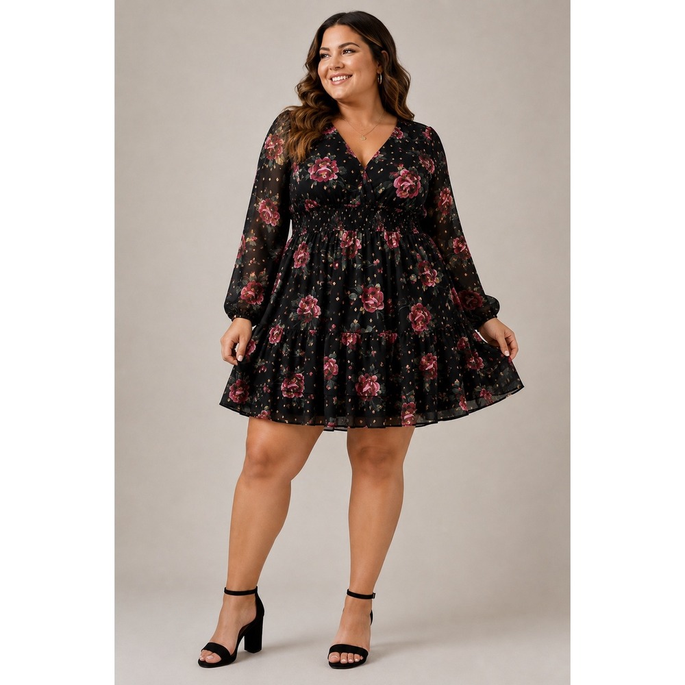 Torrid Womens 2X Black Floral Chiffon Smocked Waist Tiered Mini Dress Gold Foil